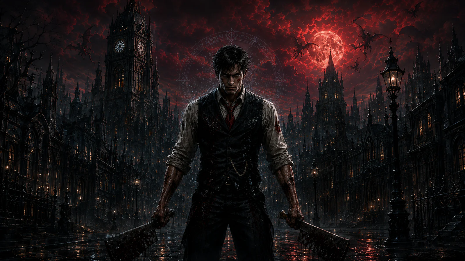 Malk's protagonist against a gothic city and a red moon