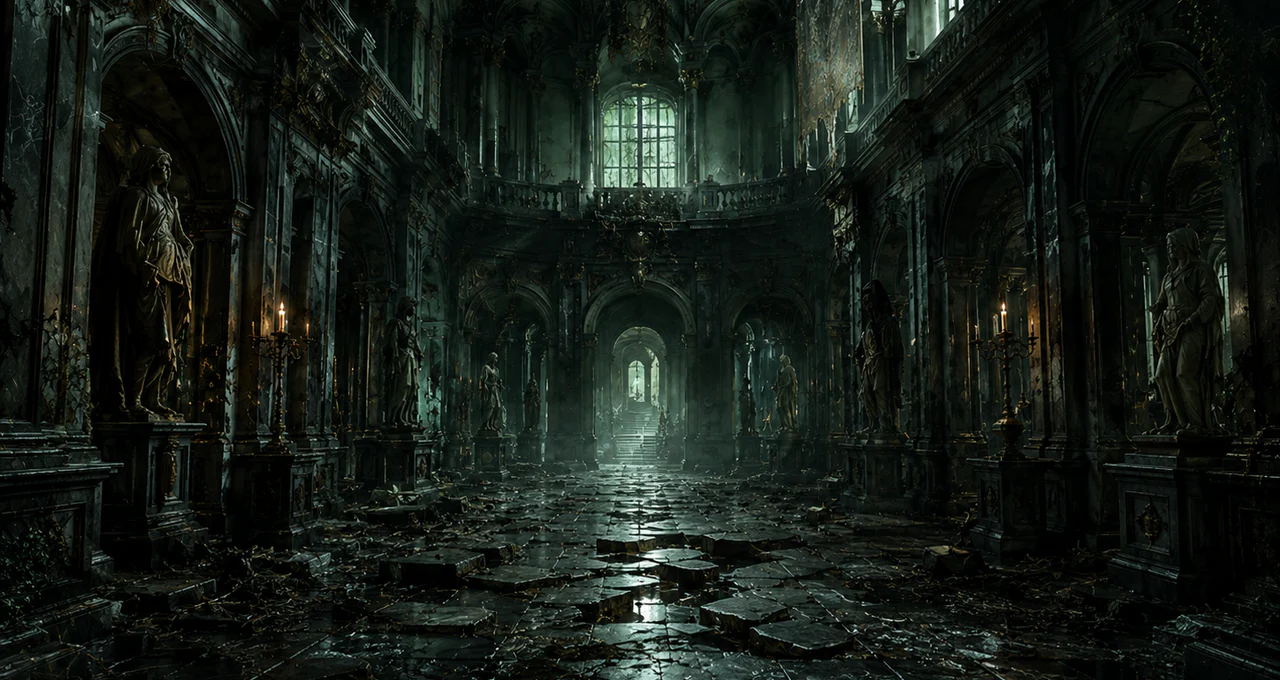 Ruined ceremonial hall of Manor 21 with cracked stone floors, statues and cold daylight beneath gothic arches.
