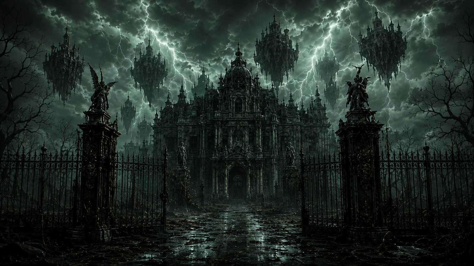 An abandoned castle beneath a storm with floating islands